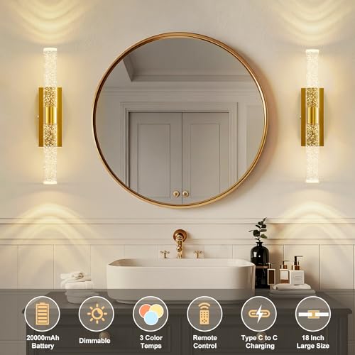 Image of 20000mAh Battery Operated Wall Sconces: 17 Inch Rechargeable Wall Lights Set of 2 with Arylic Shade - 3000K-6000K Dimmable Wireless LED Wall Lamp with Remote for Bedroom Bathroom Hallway Living Room