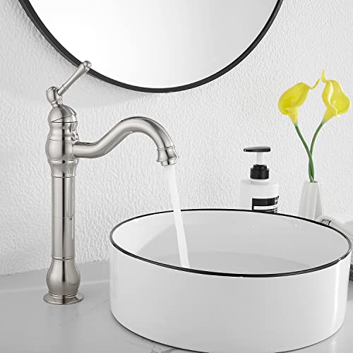 Ggstudy 360° Swivel Single Handle One Hole Bathroom Vessel Sink Faucet Matching Pop Up Drain Without Overflow Brushed Nickel #TOP6