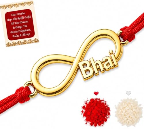 Image of Gold Plated Designer Rakhi Bracelet for Brother | Infinity, Heart, Evil Eye & BRO Designs | Raksha Bandhan Rakhi with Roli Chawal & Greeting Card