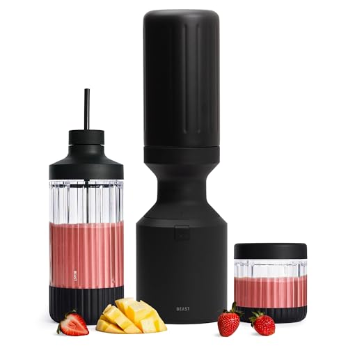 Beast Mega 1200 Stainless Steel | Premium Countertop Blender | Smoothies, Shakes, Sauces, Dips | Lg Servings | Blends Ice + Frozen Fruit | Double-Wall Insulation | Extra Vessels | 1200W (Carbon Black)