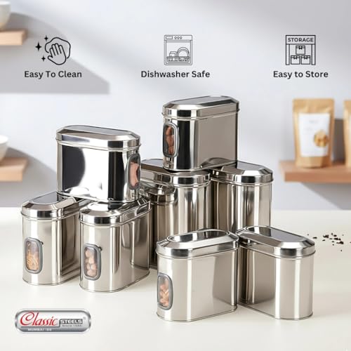 Image of Classic Steels Oval Stainless Steel Kitchen Storage Canisters with Transparent Window (1500 ml) | Airtight Food Containers for Pantry Organization | Mirror Finish, Rust-Proof, Dishwasher Safe