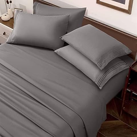 SAKIAO -6PC King Size Bed Sheets Set - Soft and Comforterble Brushed Microfiber 1800 Thread Count Percale - 16" Deep Pocket(King,Grey) Cover