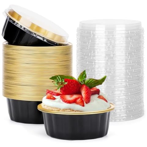 Beasea Disposable Ramekins with Lids, 8 oz 50 Pack Black Gold Aluminum Foil Cups, Disposable Creme Brulee Muffin Cupcake Baking Cup Mini Pudding Cups for Party Wedding Birthday Cover