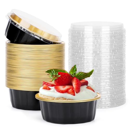 Beasea Disposable Ramekins with Lids, 8 oz 50 Pack Black Gold Aluminum Foil Cups, Disposable Creme Brulee Muffin Cupcake Baking Cup Mini Pudding Cups for Party Wedding Birthday by Beasea - Used condition - US$15.92