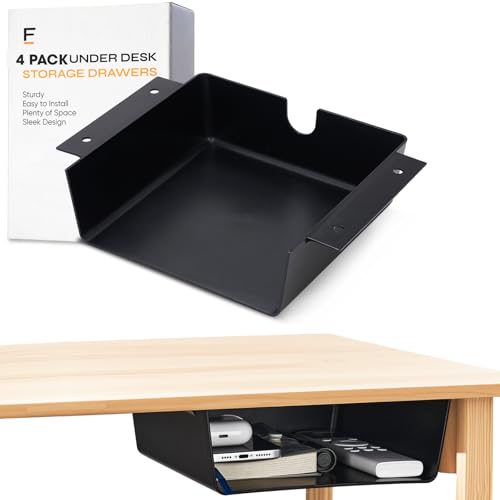 OrgaFocus 4 Pack Under Desk Hanging Shelf Drawer Organizer, Attachable Plastic Hidden Storage Tray, Easy Adhesive Mount Holder for Standing Tables, Office, Counters, Cabinets, Workstations - Black