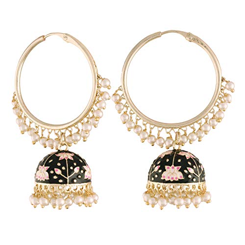 I Jewels 18K Gold Plated Black Meenakari Jhumki Earrings - Image 2