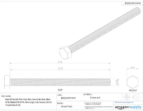 Image of Nylon 6 /6 Hex Bolt, Plain Finish, Off-White, External Hex Drive, Meets ASTM D4066 /ASTM D6779, 50mm Length, Partially Threaded, M8-1.25 Metric Coarse Threads (Pack of 100)