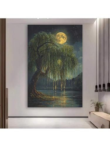 Peinture sur toile pleine lune lac affiche art mural mystique