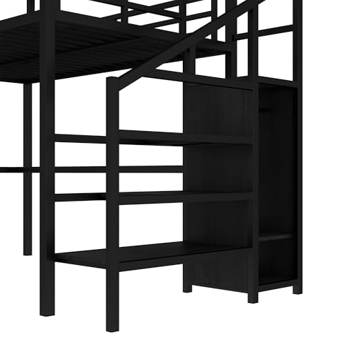 Image of Bellemave Full Size Loft Bed with Desk and Wardrobe Storage Stairs and Wardrobe, LED USB, Loft Bed Full Size for Teens Metal, Black