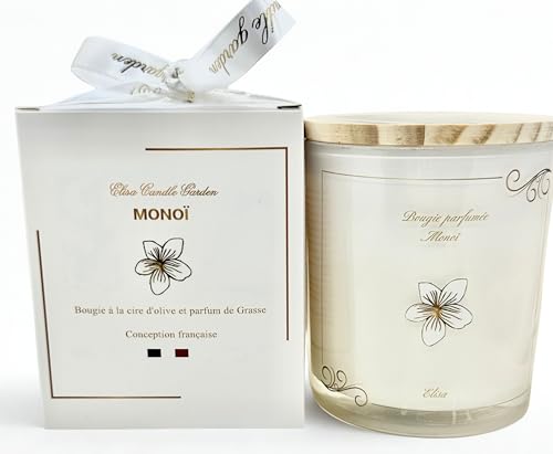 Bougies Parfumées Monoï, Cadeau à la cire d'olive Biodégradable, Parfum de Grasse, Mèche en coton, Longue durée 40Heures 200g
