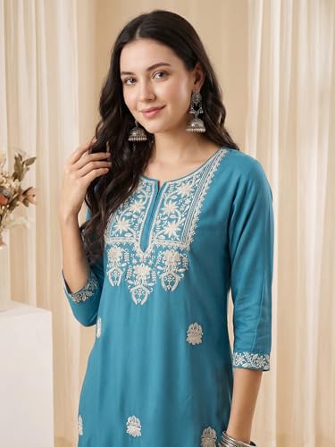 Image of INDO ERA Women's Viscose Rayon Floral Embroidered Straight Calf Length Kurta & Pant Set (IEAI11741)