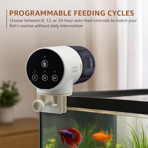 Image of Amazon Basics Automatic Fish Feeder | Programmable 3-Way Timer (8H /12H /24H) | 360 Rotating Design | Works with Flakes, Pellets & Granules | for Aquariums, Tanks & Ponds (Plastic) (Standard)
