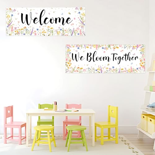 Image of 2Pcs Wildflower Motivational Posters Floral Welcome Banners for Classroom, We Bloom Together Positive Affirmations Posters Middle High School Teacher Students Flower Theme Growth Mindset Signs
