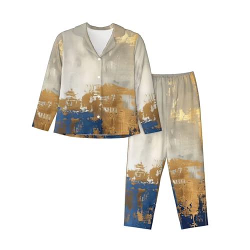 Pyjama assorti femme manches longues confortable imprimé bleu or