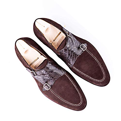 Costoso-Italiano-Goodyear-Welted-Eastbourne-Mens-Brown-Croc-Print-Leather-Suede-Formal-Slip-On-Buckle-Monk-Strap-Shoes-with-Violin-Leather-Sole