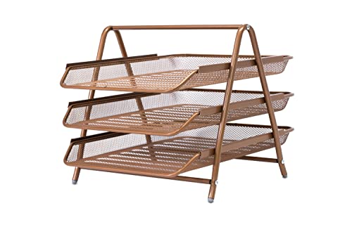 OSCO Rosegold Wiremesh Three Tier Letter Tray | Document Storage | A4 Filing | Paper Organiser | Office Desk File Sorter | Easy Assembly | H26.5 x W27.8 x D35.5 cm |