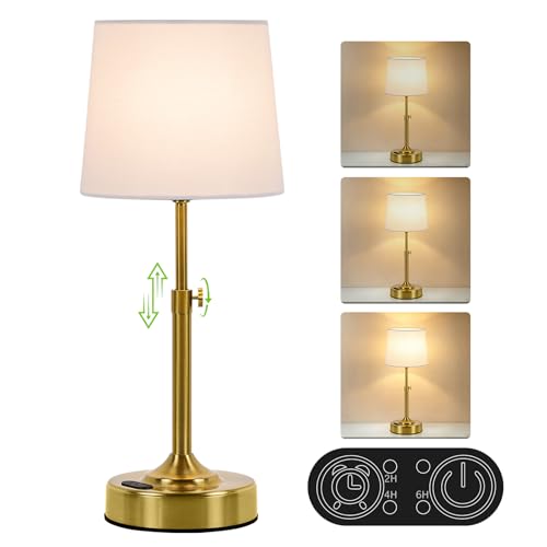 Height Adjustable Rechargeable Table Lamp with Timer Dimmable Cordless LED Desk Lamp 4000mAh Battery Operated Table Lamps Gold Wireless Touch Nightstand Lamp for Kitchen Counter Coffee Table Office