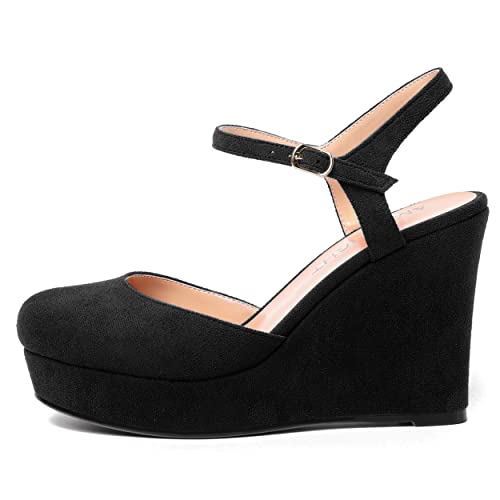 AMBELIGHT Womens Ankle Strap Sandals Night Club Round Toe Fashion Heels Suede Wedge High Heel Pumps Shoes 4 Inch2