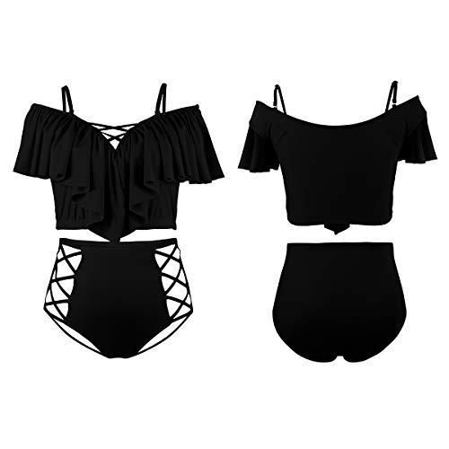 Biquíni feminino plus size Kisscynest, 2 peças, cintura alta, babados, Preto, X-Large