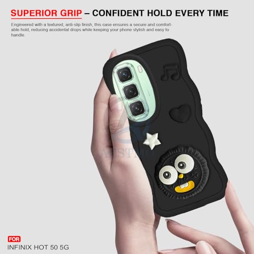Image of AESTMO Back Case Cover for Infinix Hot 50 5G | 3D Cute Fun Cartoon Characters | Anti Slip Grip Cute Wave Curly Frame Shape | Full Body Protection Back Cover for Infinix Hot 50 5G (Black)