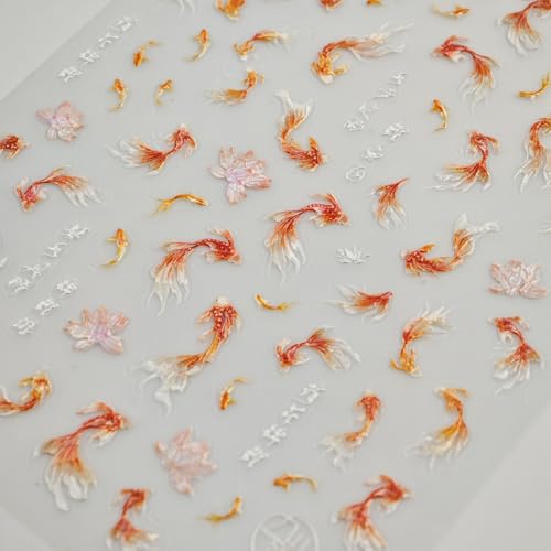 Image of 5D Embossed Goldfish Nail Art Stickers Lotus Flower Nail Decals Chinese Style Design Koi Fish Nail Stickers for Women Girls Kid DIY Manicure Supplies Charm Decorations Accessories