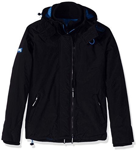 Superdry Men's Technical Pop Zip Hooded Windcheater Jacket, Black/Denby Blue, Large