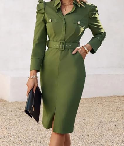 Women's Turn Down Collar Long Sleeve Dress Button Decor Front Slit Slim Fit Midi Work Bodycon (S-XL)4