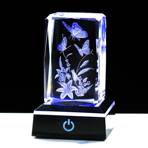Ornalrist 3D Crystal Butterfly Gifts for Women, Laser Engraved Butterfly and Lily Flower Figurines with Light Base for Butterfly Lovers Nature Lovers, Gifts for Birthday Christmas