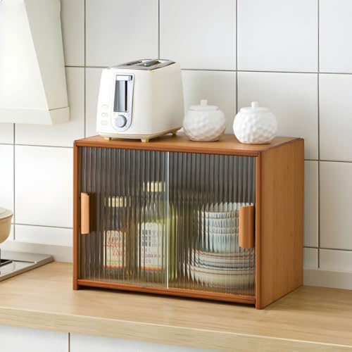 Natural Bamboo Sideboard Credenza with Glass Doors - Japanese-Style Kitchen Storage Cabinet, 26" L x 11" W x 13" H, Perfect for Coffee & Tea Set Display, Includes Natural Shelves