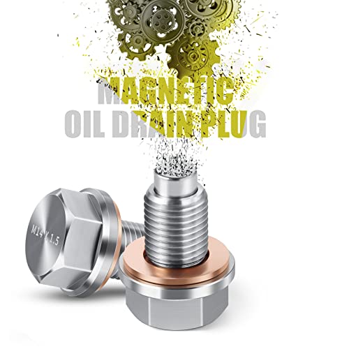 M14 X1.5 Magnetic Oil Drain Plug Stainless Steel Oil Pan Drain Bolt With Red Copper Washer Gaskets Replacement For Ford Gm Honda Hyundai Kia And More Select Models #TOP1