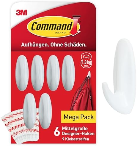 Command Klebehaken, Größe M, Weiß - Packung mit 6 Haken selbstklebend und 9 Mittelgroße Klebestreifen, Strip - Haken für Wand, Türhaken, Organisieren ohne Bohren - Hält 1,3kg