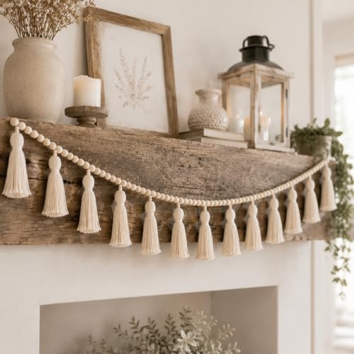 Janinka Tassel Garland Boho Classroom Decor Macrame Wooden Bead Garlands Wood Beads Banner with Tassels Boho Wall Hanging Banner for Classroom Bedroom Nursery Home Decoration(Classic Color)