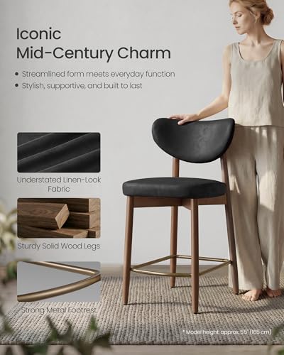 Image of VASAGLE Wooden Bar Stools Set of 4, Upholstered Counter Height Barstools with Solid Wood Legs, Ergonomic Backrest, Mid Century Modern, for Kitchen Island, Synthetic Leather, Ink Black