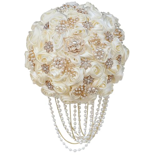 TUAGYMKR Handmade Satin Rose Water Drop Bridal Bouquet,8.7inch Crystal Wedding Round Tossing Bouquet,Jewelry Proposal Bridesmaid Bouquet Groom Corsage Bride Wrist Flower Ivory (26#Ivory)