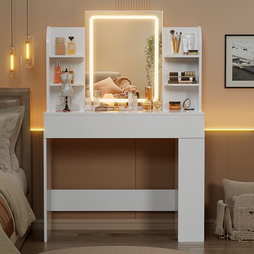 image for YESHOMY Vanity Desk with Mirror and Lights,35.4