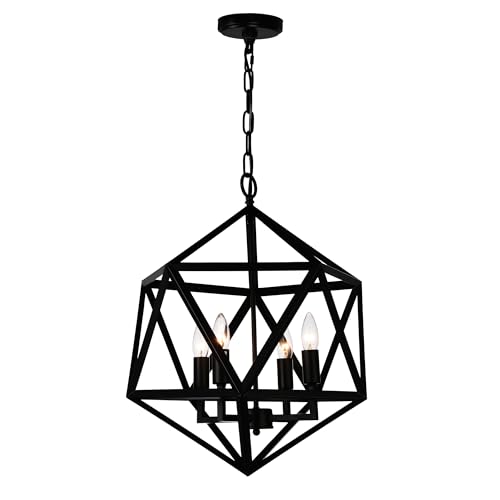 CWI Lighting 20' Black Pendant Light for Entryway, Farmhouse – 4-Light Rustic Geometric Chandelier with E12 Bulb Base – LED Compatible, Open Silhouette – BACL Certified