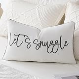 Sunkifover Let's Snuggle Decorative Lumbar Pillow Cover - 12x20 Inch White and Grey Cotton Embroidery Throw Pillowcase for Bed, Bedroom, Living Room, Home Decor