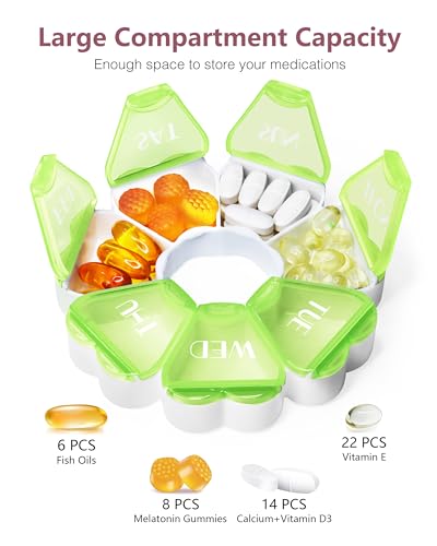 Image of MOLN HYMY Large Weekly Pill Box 7 Day, Cute Pill Case Organizer 1 time a Day, Floral Pill Container Once Daily, Pretty Medicine Dispenser for Vitamin /Fish Oil /Medication /Supplements (Green)