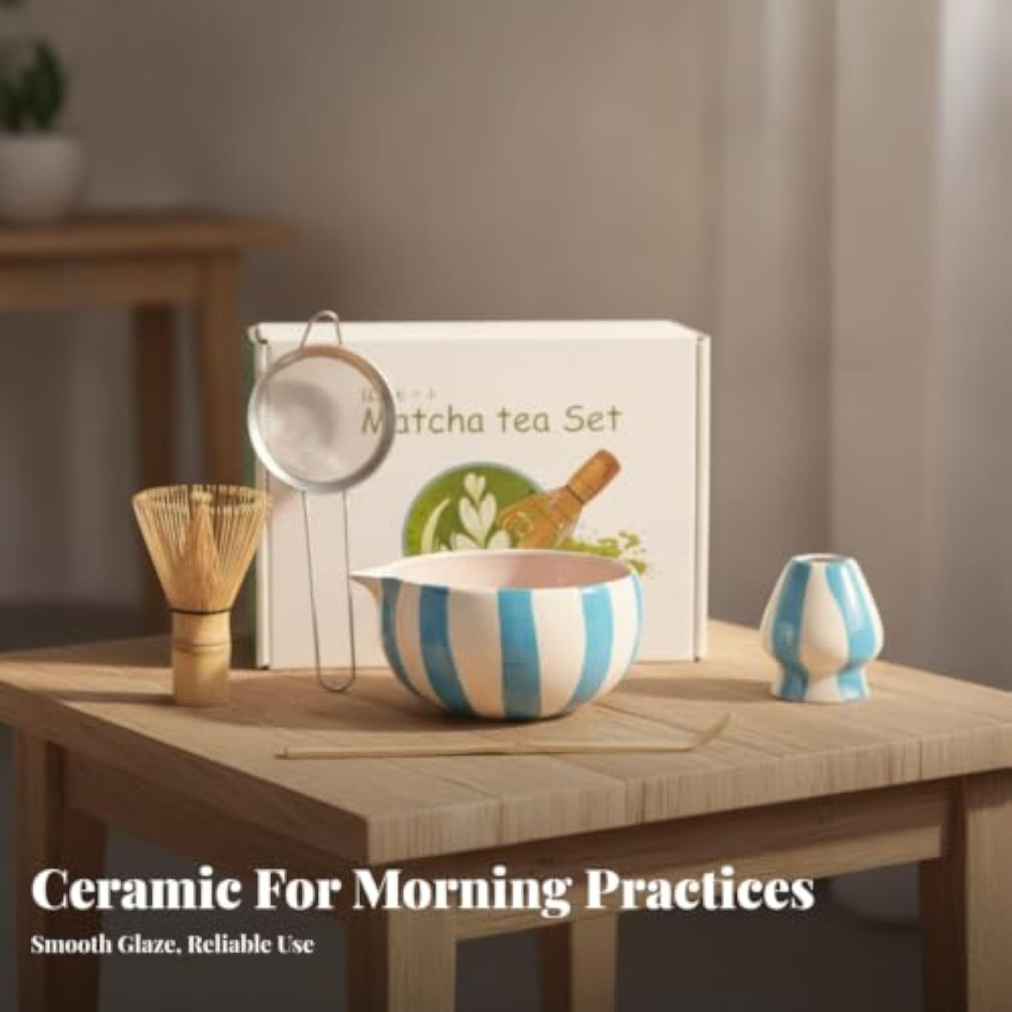 Ceramic Matcha Tea Set with Sifter, Bamboo Matcha Kit