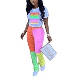 Remelon Casual 2 Piece Outfit Sets for Women Color Block Short Sleeve T-Shirts + Stacked Flare Pants Tracksuit Sweatsuit