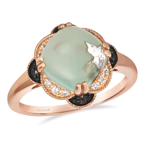 LE VIAN 3 1/4 Carat Cushion Cut Green Aquaprase Cabochon Milgrain Flower Ring for Women in 14K Rose Gold Plated 925 Sterling Silver with White Topaz and Smoky Quartz Promise Anniversary Band Size 7