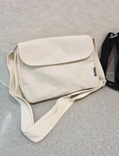 Korean Canvas Messenger Bag, Black Ivory, Adjustable Crossbody Strap, Student Shoulder Bag, Snap Button Zipper Closure3
