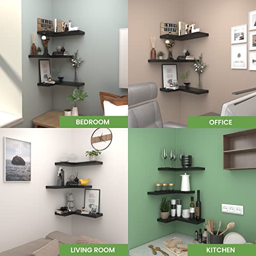 Nature's Source Corner Floating Shelves With Invisible Brackets, Corner Shelves Wall Mounted Set Of 3, Wall Shelves For Bedroom Bathroom Kitchen Living Room Office- Gothic Style 17" X 6" (Black) #TOP5