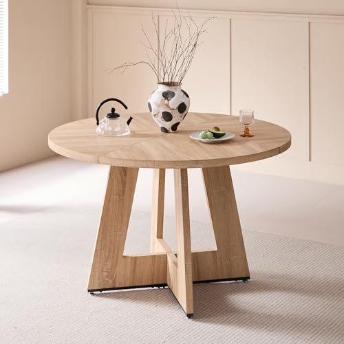 GrandCA HOME Mesa de Comedor Redonda de 120 cm, Mesa de Cocina para 4 Personas, Mesa de Comedor de Madera con Base en Cruz para Cocina, Comedor, Sala de Estar,Roble