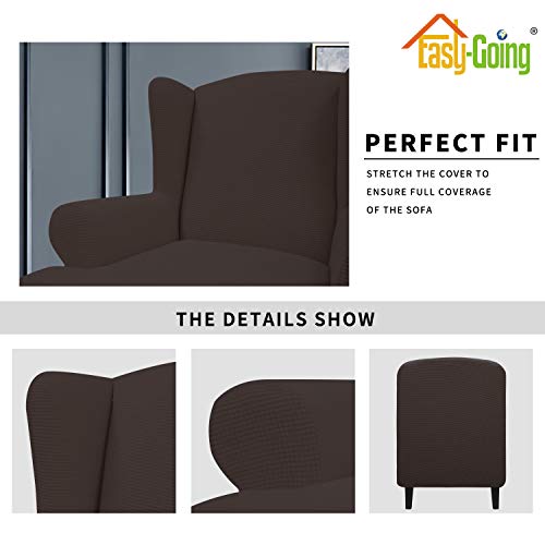 Image of Easy-Going Stretch Large Wingback Chair Sofa Slipcover Chocolate | 1-Piece Sofa Cover Furniture Protector Couch Soft with Elastic Bottom, Spandex Jacquard Fabric Small Checks
