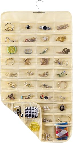 Image of Earring Organizer for Women | Hanging Jewellery Organiser with 48 Double-Sided Transparent Pockets | Earrings Holder, Necklace, Bangle Organizer | Jewelry Storage Organizer for Wardrobe Closet (Beige)