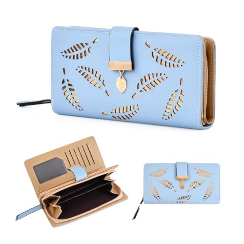 Carteras de Mujer Cuero PU Grande, Monedero Largo con Colgante de Hoja, Monedero Mujer Tarjetero para Tarjetas de Crédito con Cremallera, Bolsillo Monederos y 11 Ranuras para Tarjetas (Azul)
