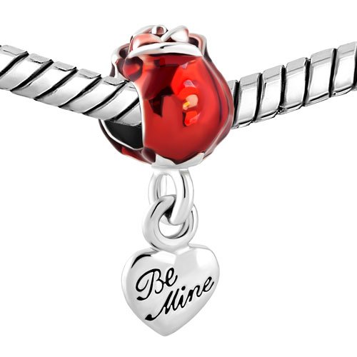 Charm de corazón Be Mine y rosa roja de mujer compatible con pulseras de dijes estándar 3