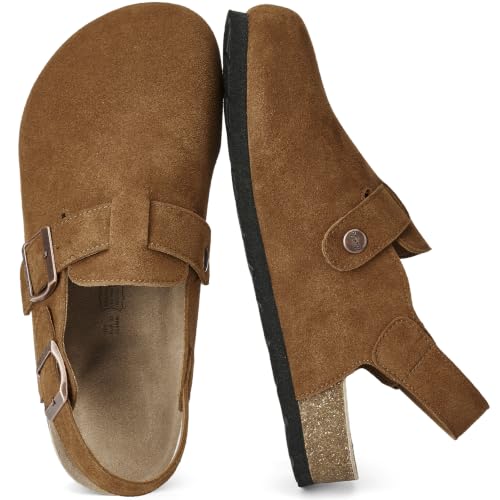 Trary Keoris Genuine Suede Clogs for Women, Potato Shoes with Back Strap, Brown,8