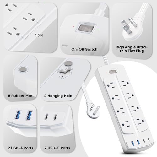 Image of Flat Plug Power Strip, Yozisital Extension Cord with 8 AC Outlets & 4 USB Ports (2 USB-C), 5 FT Power Cord, Wall Mount, Desk Charging Station for Home Office, White